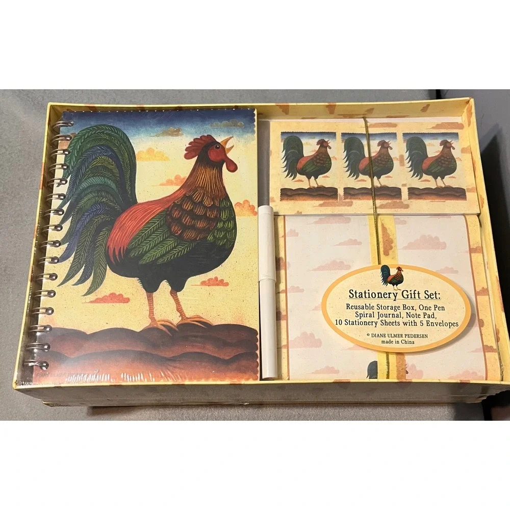 Diane Ulmer Pedersen Rooster Stationery Gift Set Journal Notepad 1994 Folk Art